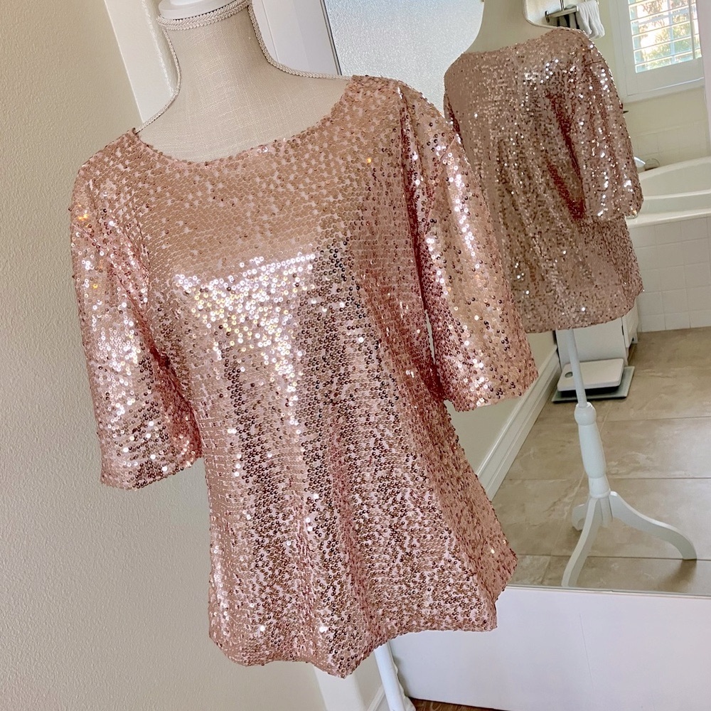 Pink Metallic Sequin Short Sleeve Top, est. XL